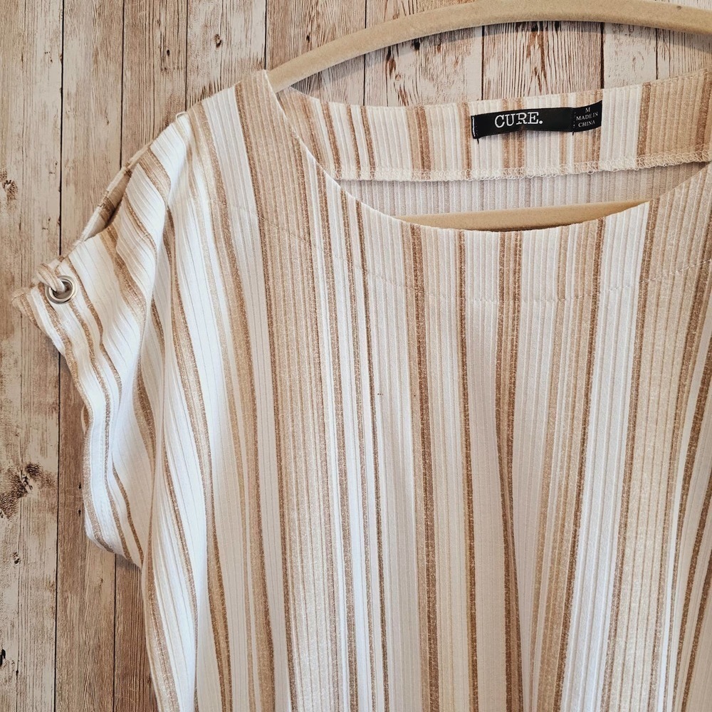 Taupe & Ivory Striped Short Sleeve Top Medium By Cure - Picture 3 of 11